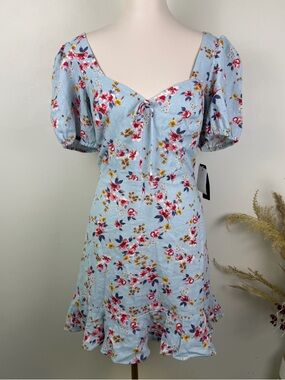 NWT City Triangles Blue Floral Linen-Blend Short Puff Sleeve Mini Dress - XL